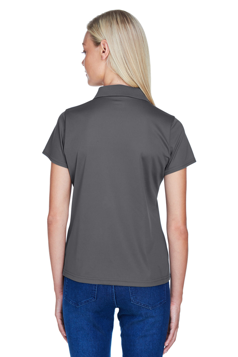 Harriton M315W Womens Polytech Moisture Wicking Short Sleeve Polo Shirt Charcoal Grey Model Back