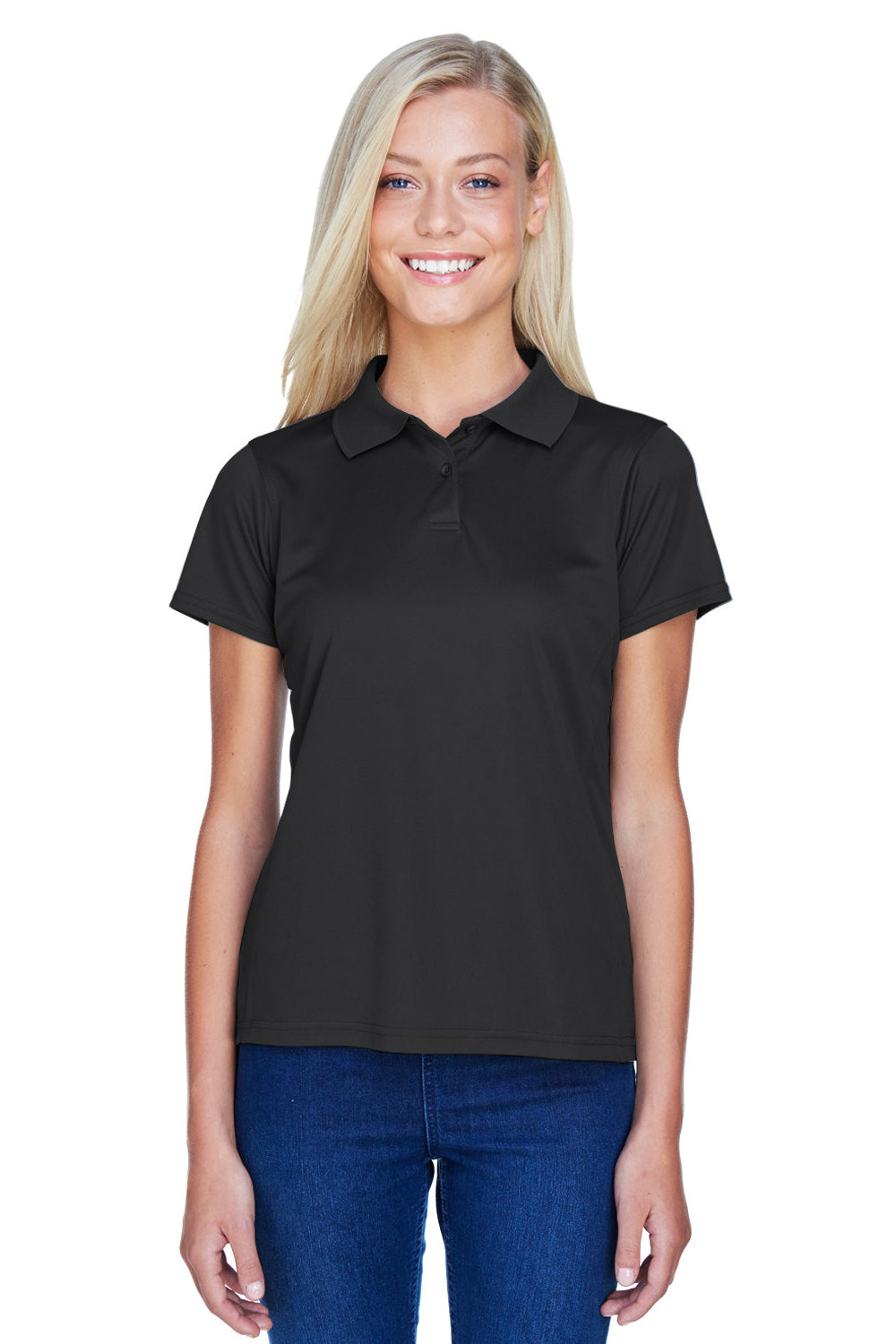 Harriton M315W Womens Polytech Moisture Wicking Short Sleeve Polo Shirt Black Model Front