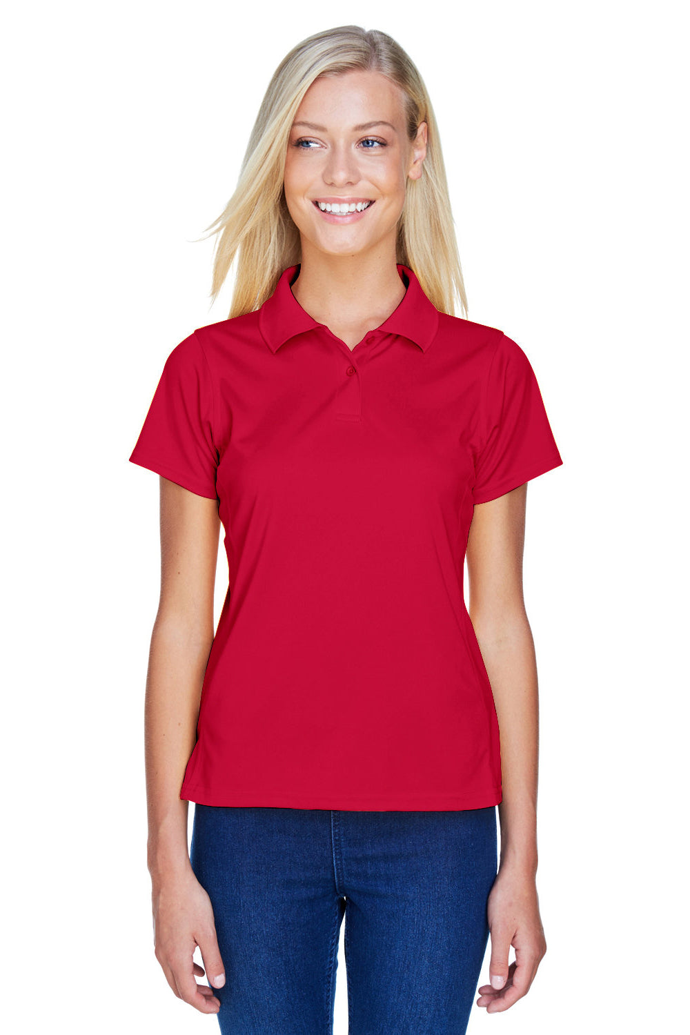 Harriton M315W Womens Polytech Moisture Wicking Short Sleeve Polo Shirt Red Model Front