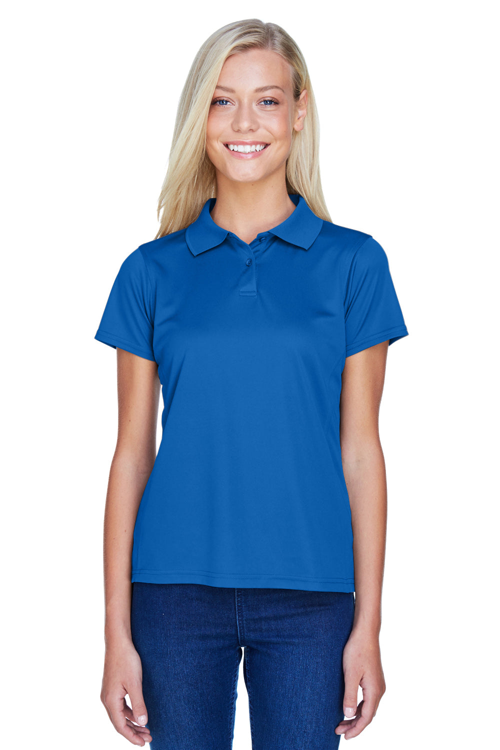 Harriton M315W Womens Polytech Moisture Wicking Short Sleeve Polo Shirt True Royal Blue Model Front