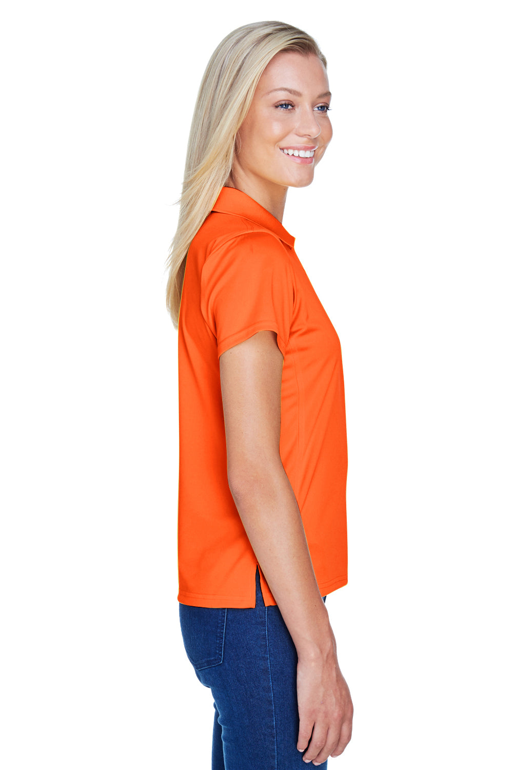 Harriton M315W Womens Polytech Moisture Wicking Short Sleeve Polo Shirt Team Orange Model Side