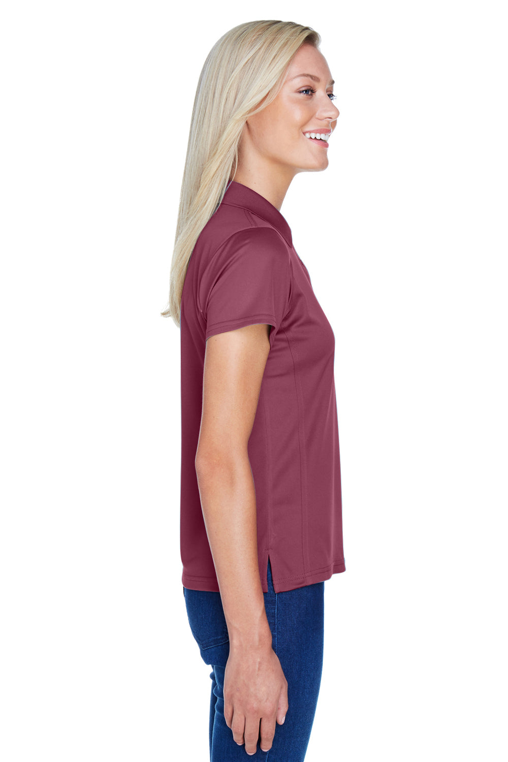 Harriton M315W Womens Polytech Moisture Wicking Short Sleeve Polo Shirt Maroon Model Side