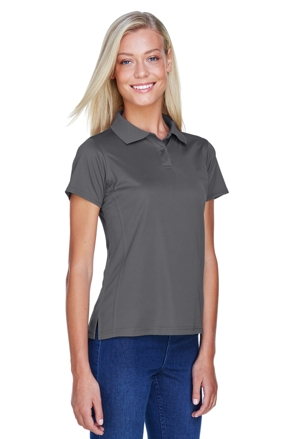 Harriton M315W Womens Polytech Moisture Wicking Short Sleeve Polo Shirt Charcoal Grey Model 3q