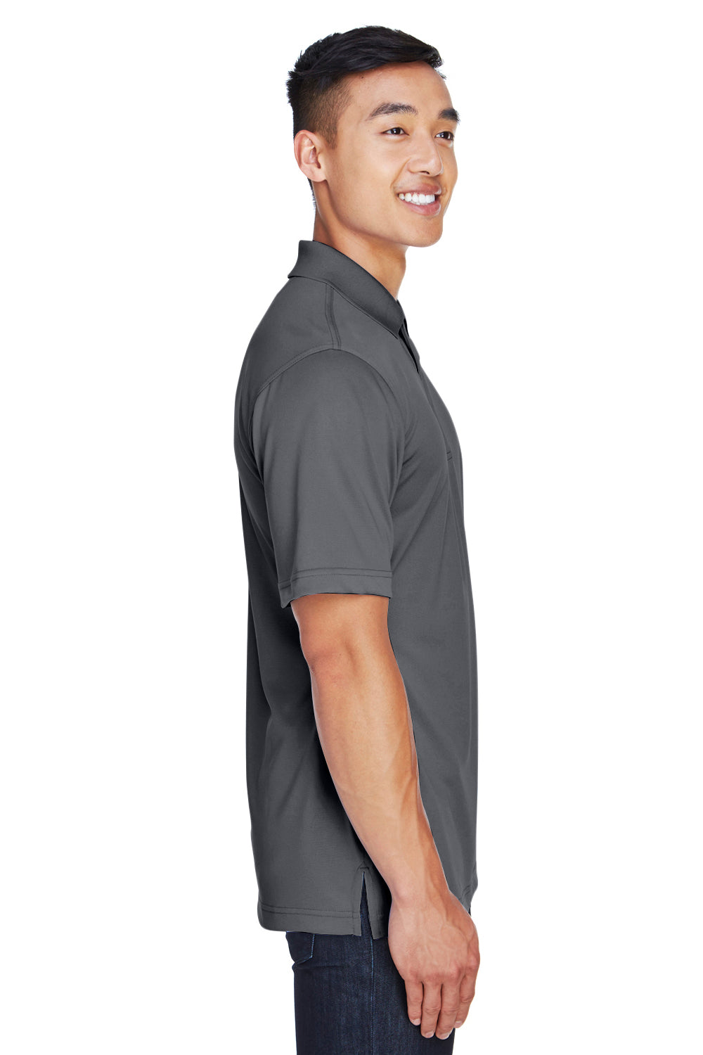 Harriton M345 Mens Advantage Moisture Wicking Short Sleeve Polo Shirt Dark Charcoal Grey Model Side