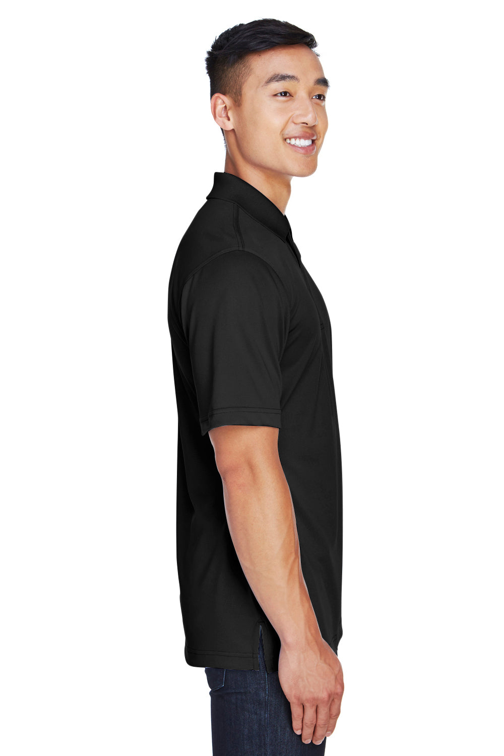 Harriton M345 Mens Advantage Moisture Wicking Short Sleeve Polo Shirt Black Model Side