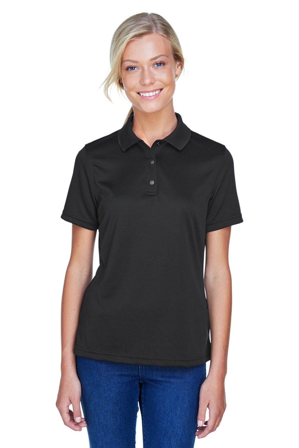 Harriton M345W Womens Advantage Moisture Wicking Short Sleeve Polo Shirt Black Model Front