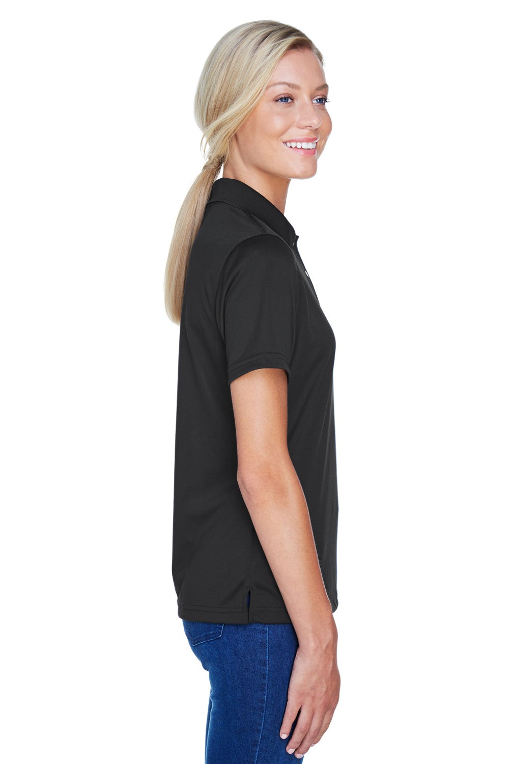 Harriton M345W Womens Advantage Moisture Wicking Short Sleeve Polo Shirt Black Model Side