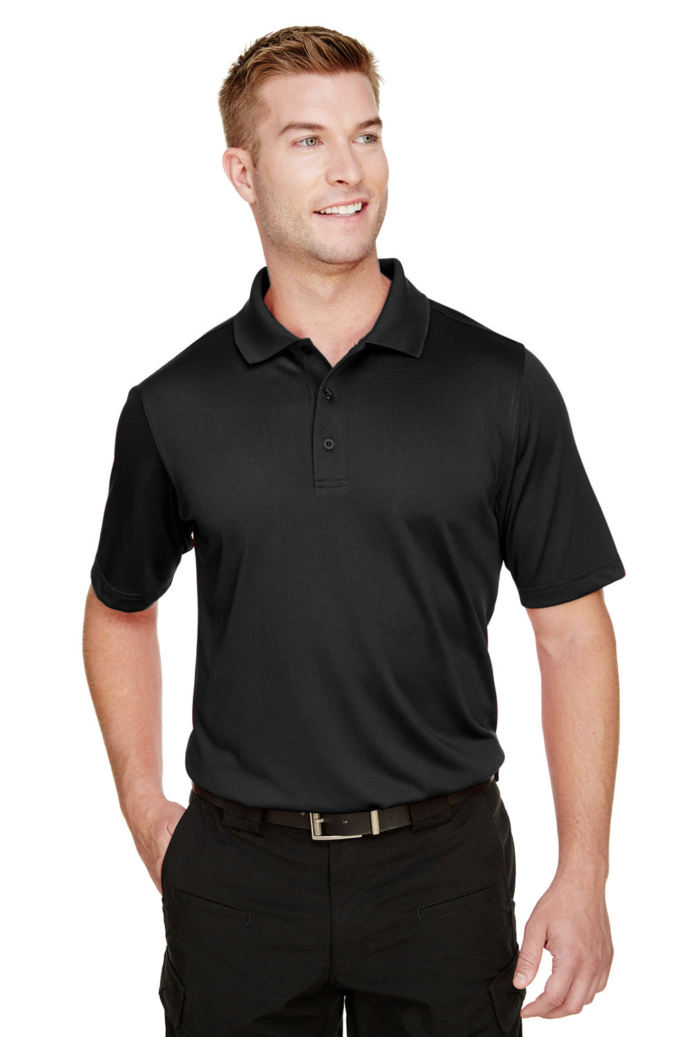 Harriton M348 Mens Advantage Performance Moisture Wicking Short Sleeve Polo Shirt Black Model Front