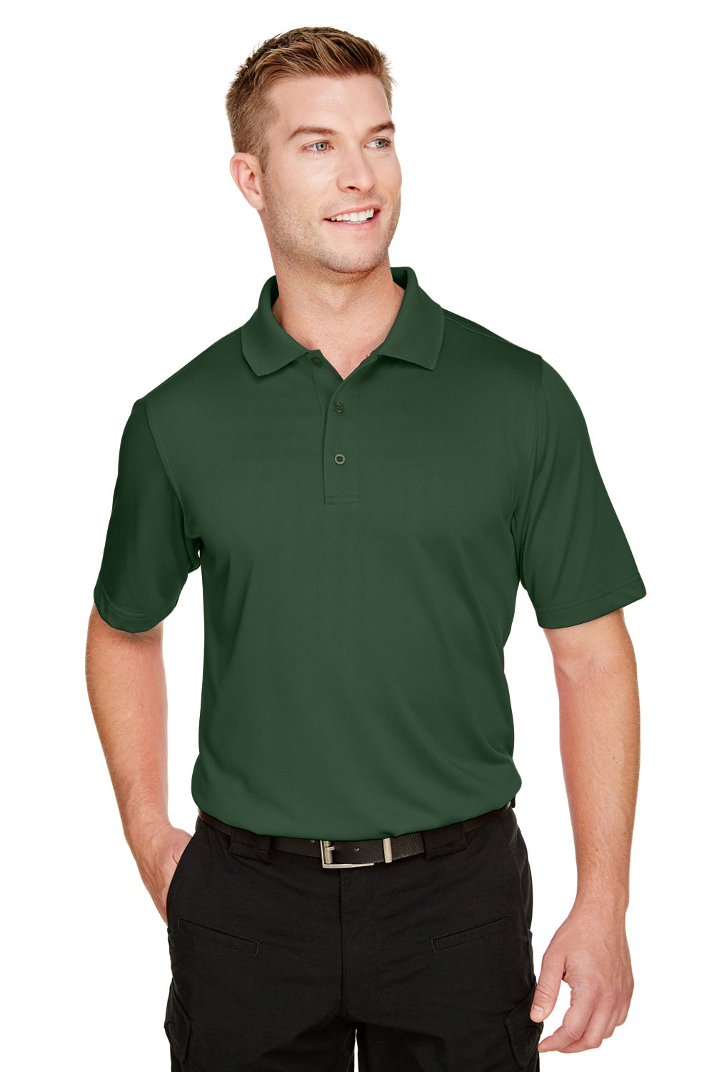 Harriton M348 Mens Advantage Performance Moisture Wicking Short Sleeve Polo Shirt Dark Green Model Front