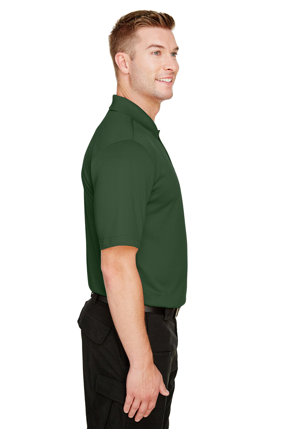 Harriton M348 Mens Advantage Performance Moisture Wicking Short Sleeve Polo Shirt Dark Green Model Side