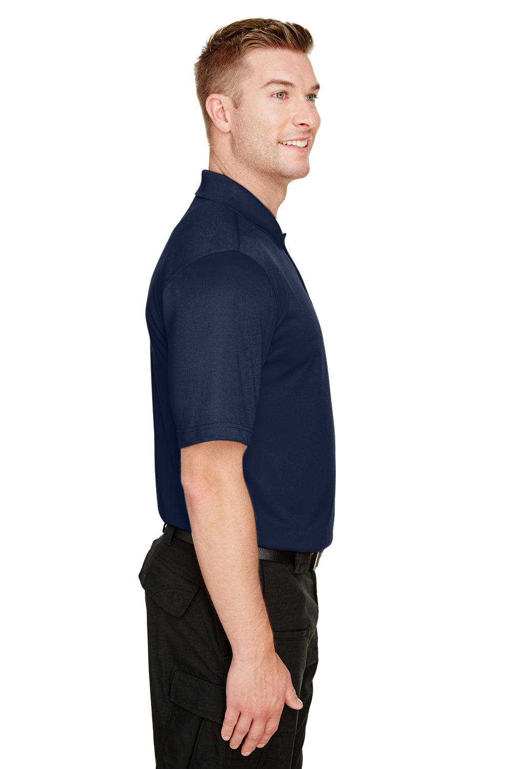 Harriton M348 Mens Advantage Performance Moisture Wicking Short Sleeve Polo Shirt Dark Navy Blue Model Side