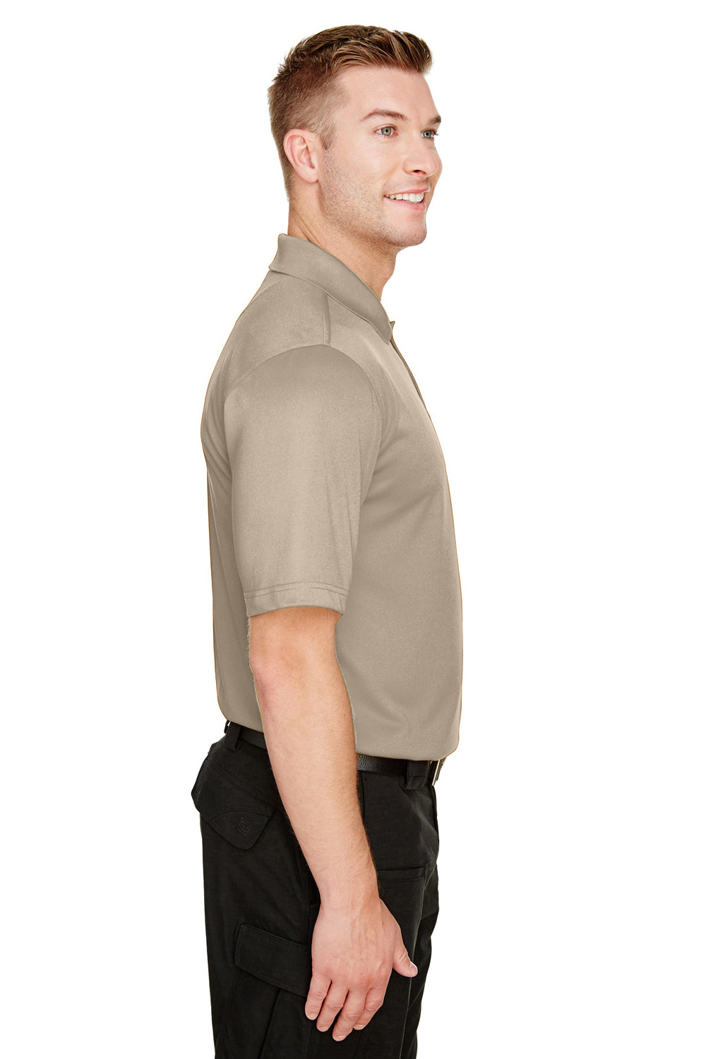 Harriton M348 Mens Advantage Performance Moisture Wicking Short Sleeve Polo Shirt Khaki Model Side