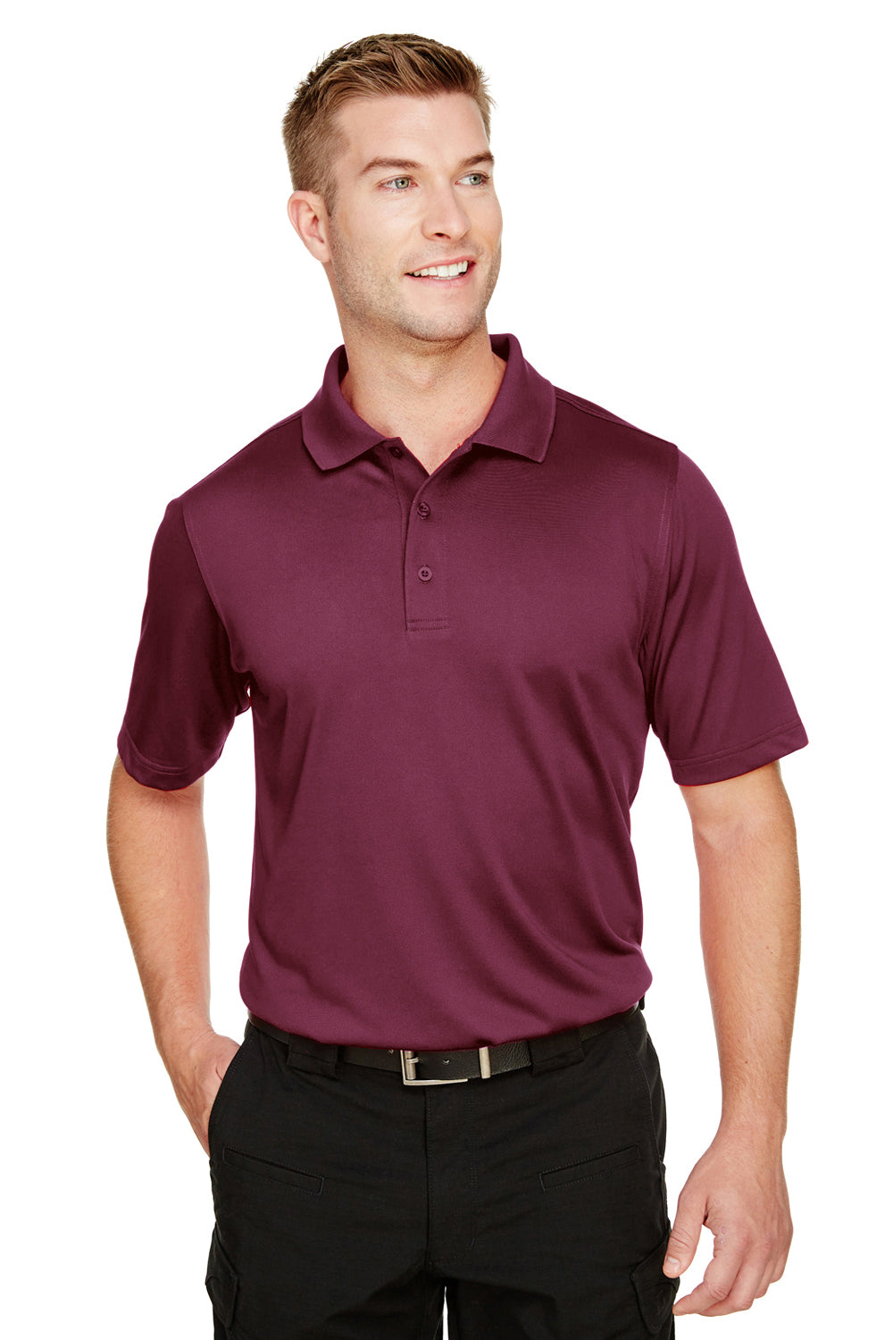 Harriton M348 Mens Advantage Performance Moisture Wicking Short Sleeve Polo Shirt Maroon Model Front