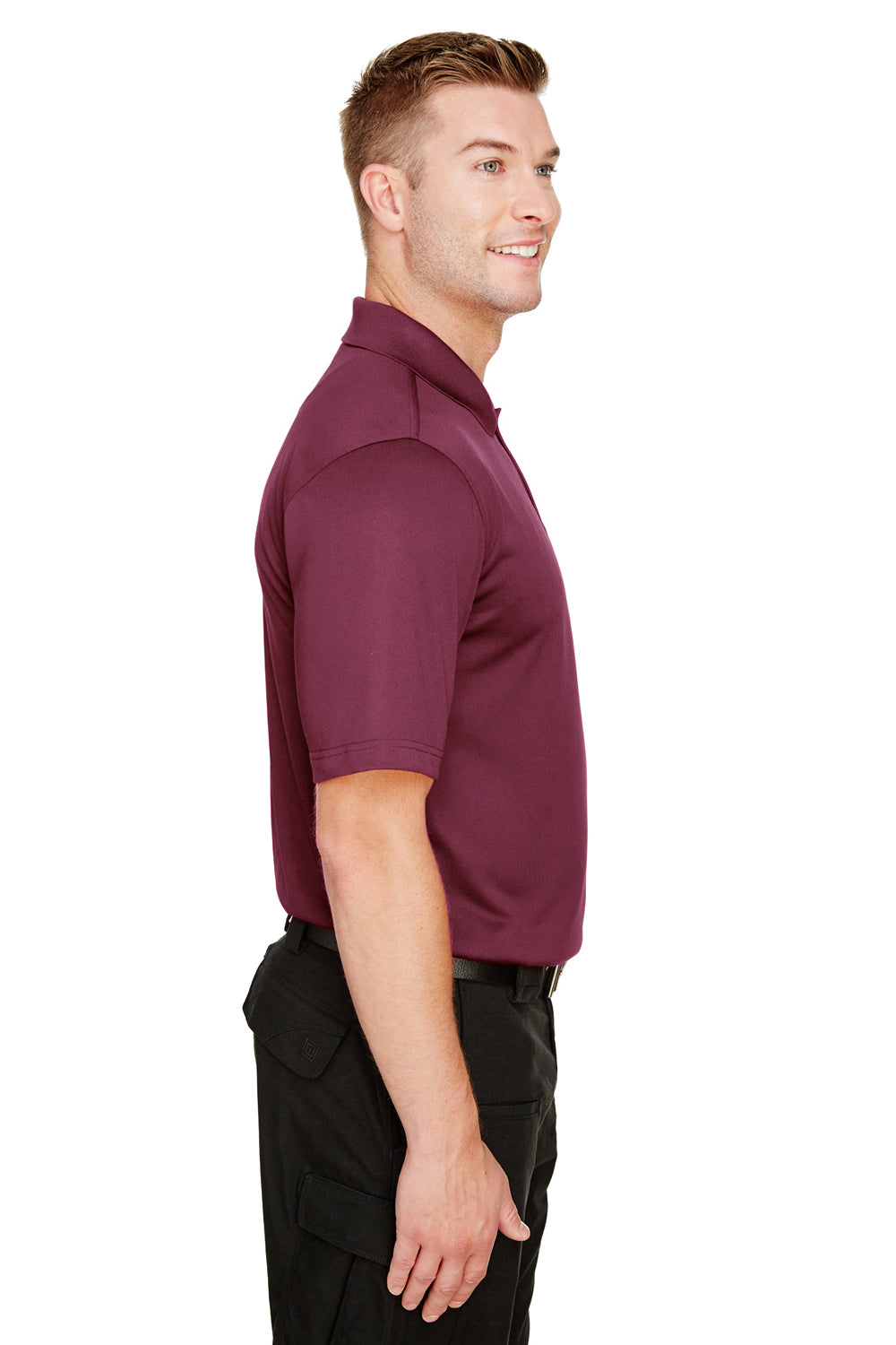 Harriton M348 Mens Advantage Performance Moisture Wicking Short Sleeve Polo Shirt Maroon Model Side