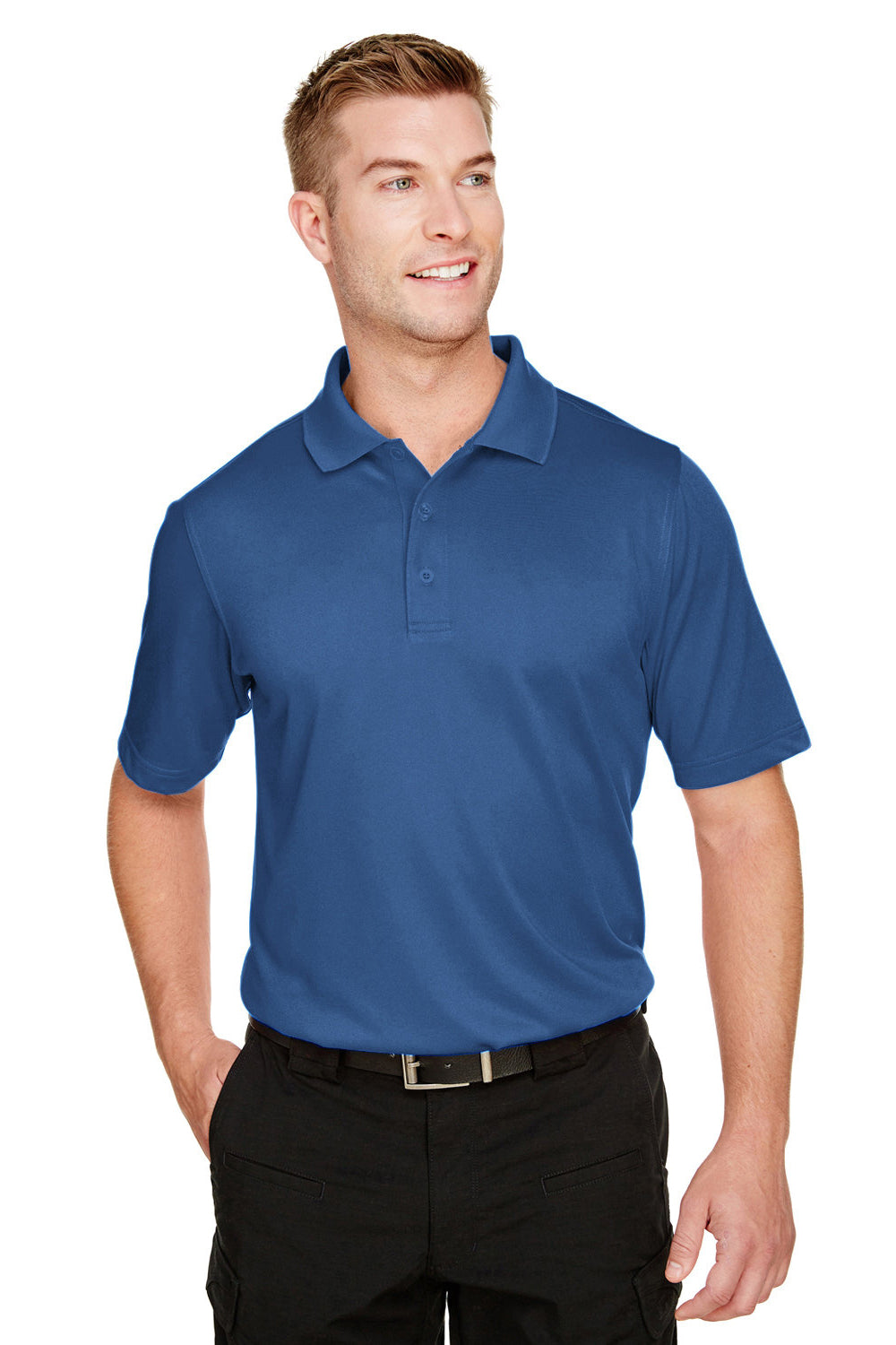 Harriton M348 Mens Advantage Performance Moisture Wicking Short Sleeve Polo Shirt Pool Blue Model Front