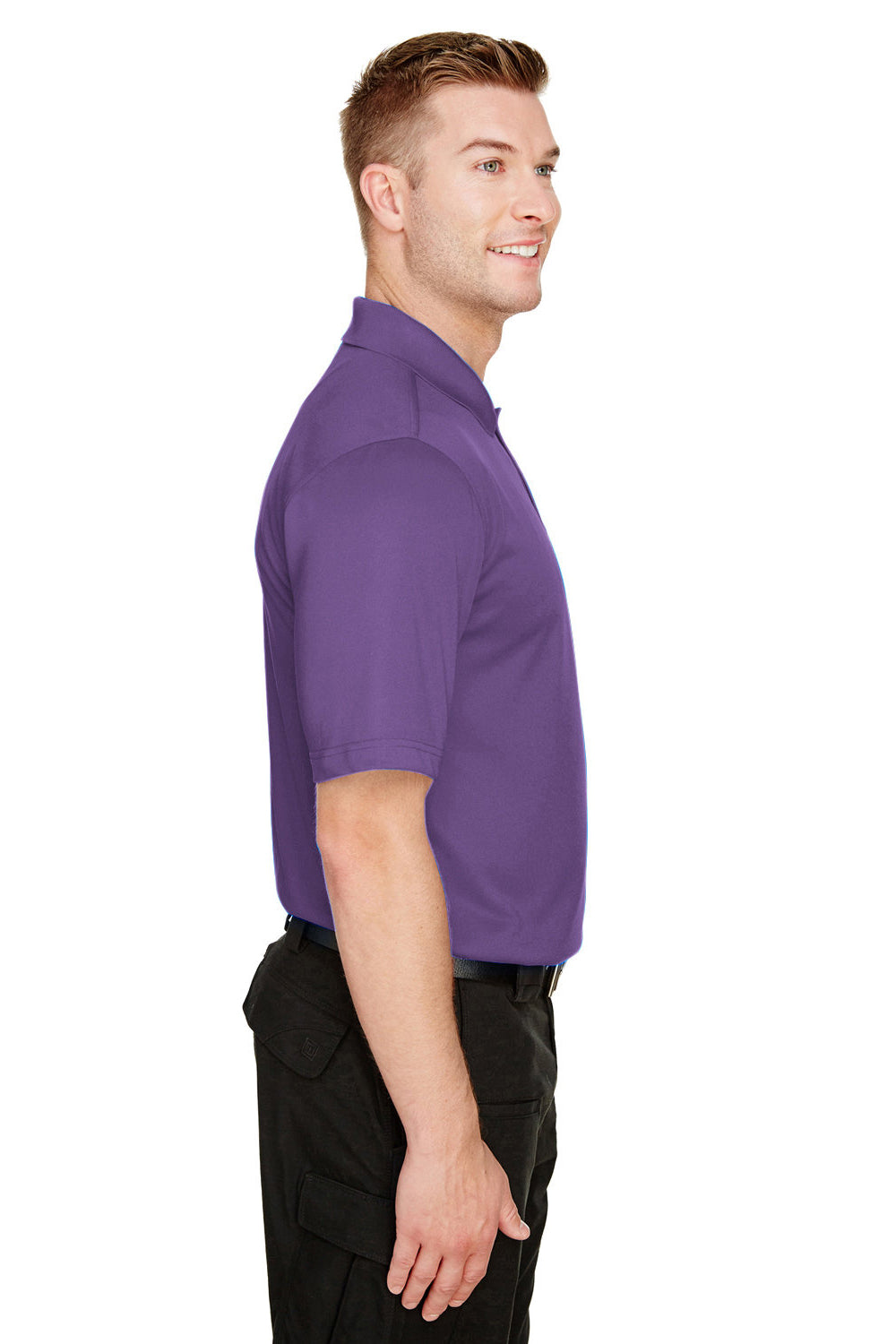 Harriton M348 Mens Advantage Performance Moisture Wicking Short Sleeve Polo Shirt Team Purple Model Side