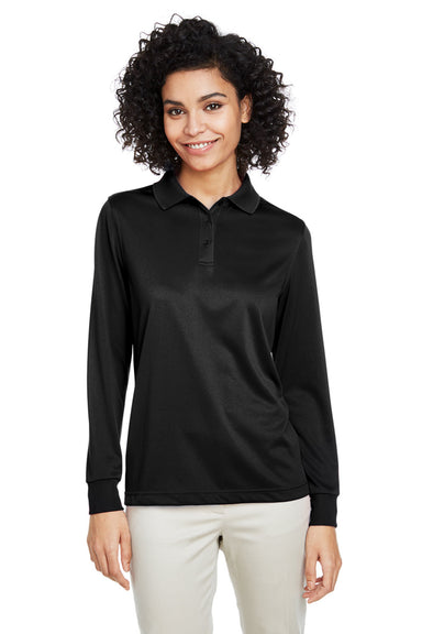 Harriton M348LW Womens Advantage Performance Moisture Wicking Long Sleeve Polo Shirt Black Model Front