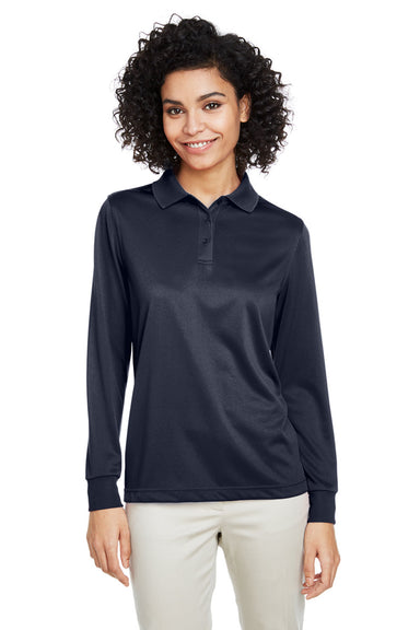 Harriton M348LW Womens Advantage Performance Moisture Wicking Long Sleeve Polo Shirt Dark Navy Blue Model Front