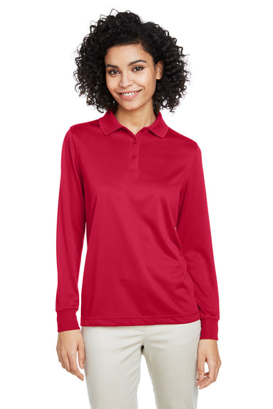 Harriton M348LW Womens Advantage Performance Moisture Wicking Long Sleeve Polo Shirt Red Model Front