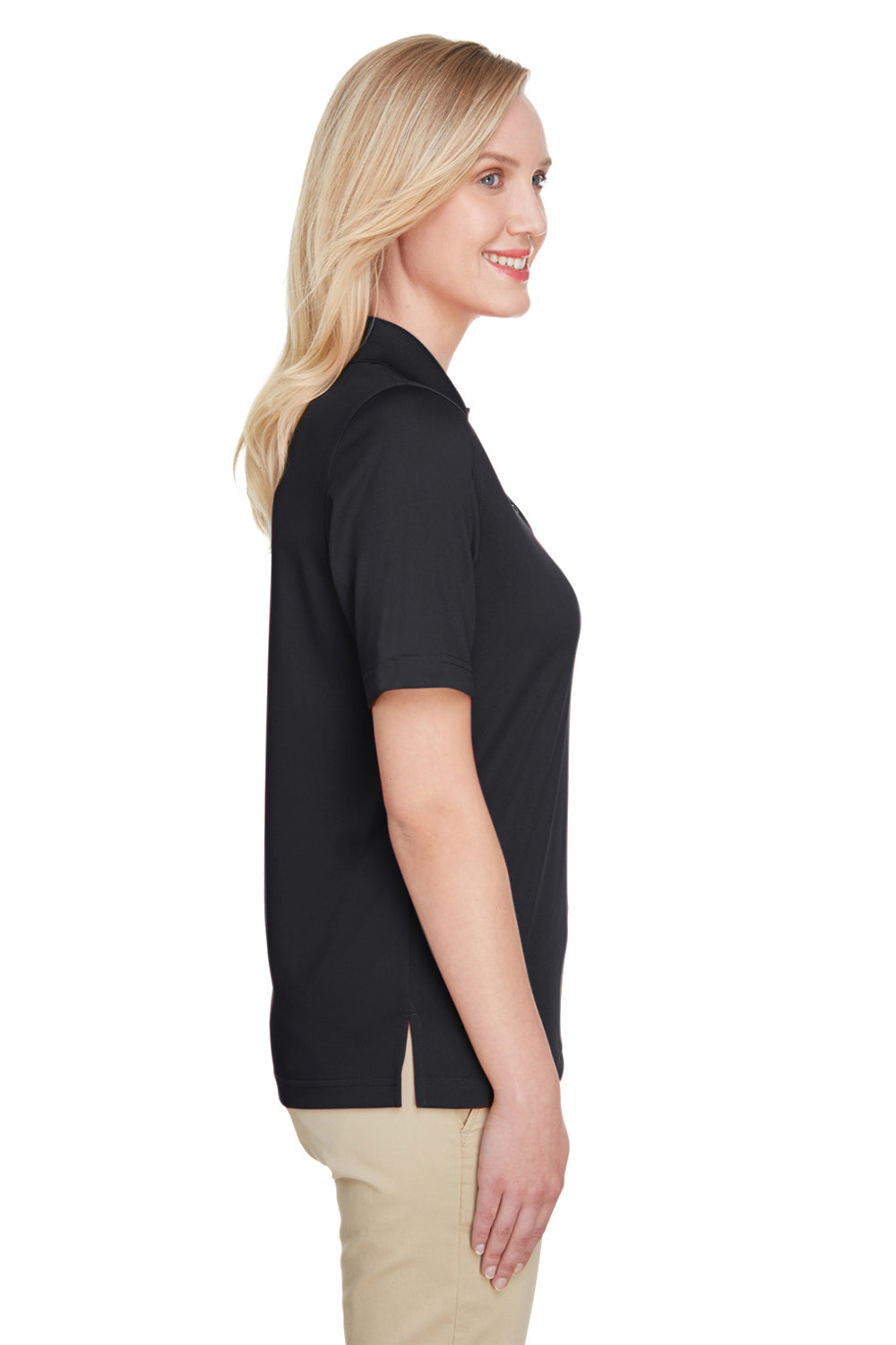 Harriton M348W Womens Advantage Performance Moisture Wicking Short Sleeve Polo Shirt Black Model Side