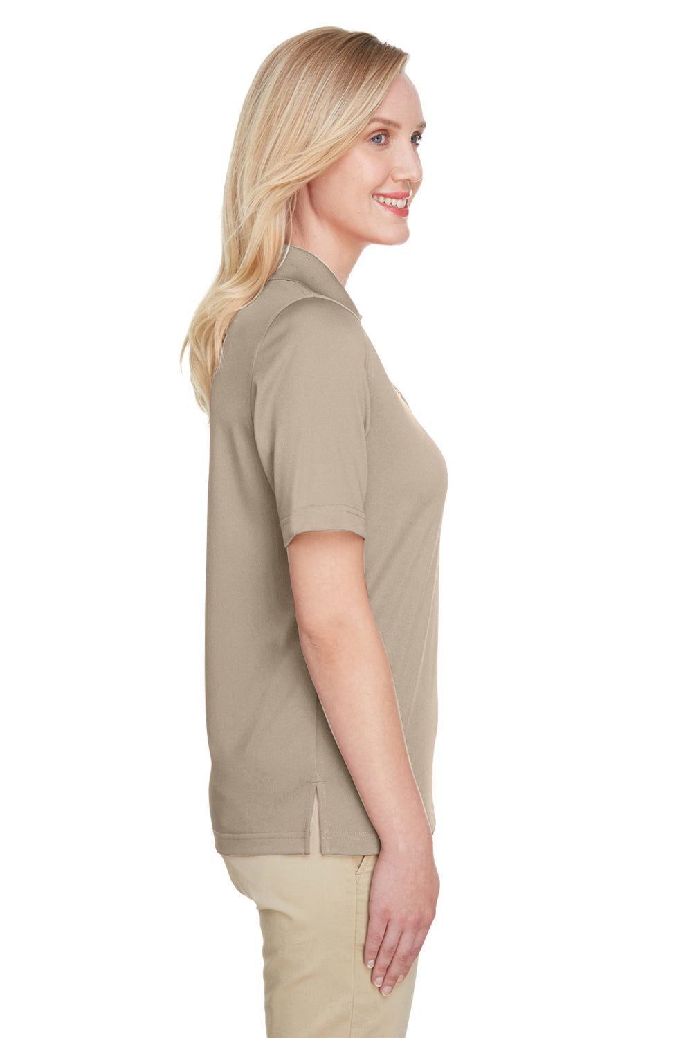 Harriton M348W Womens Advantage Performance Moisture Wicking Short Sleeve Polo Shirt Khaki Model Side