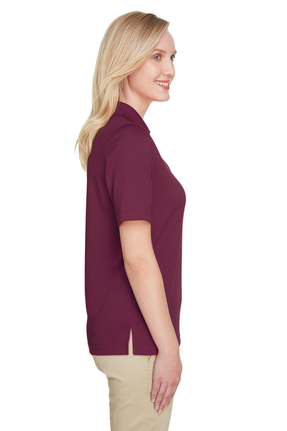 Harriton M348W Womens Advantage Performance Moisture Wicking Short Sleeve Polo Shirt Maroon Model Side