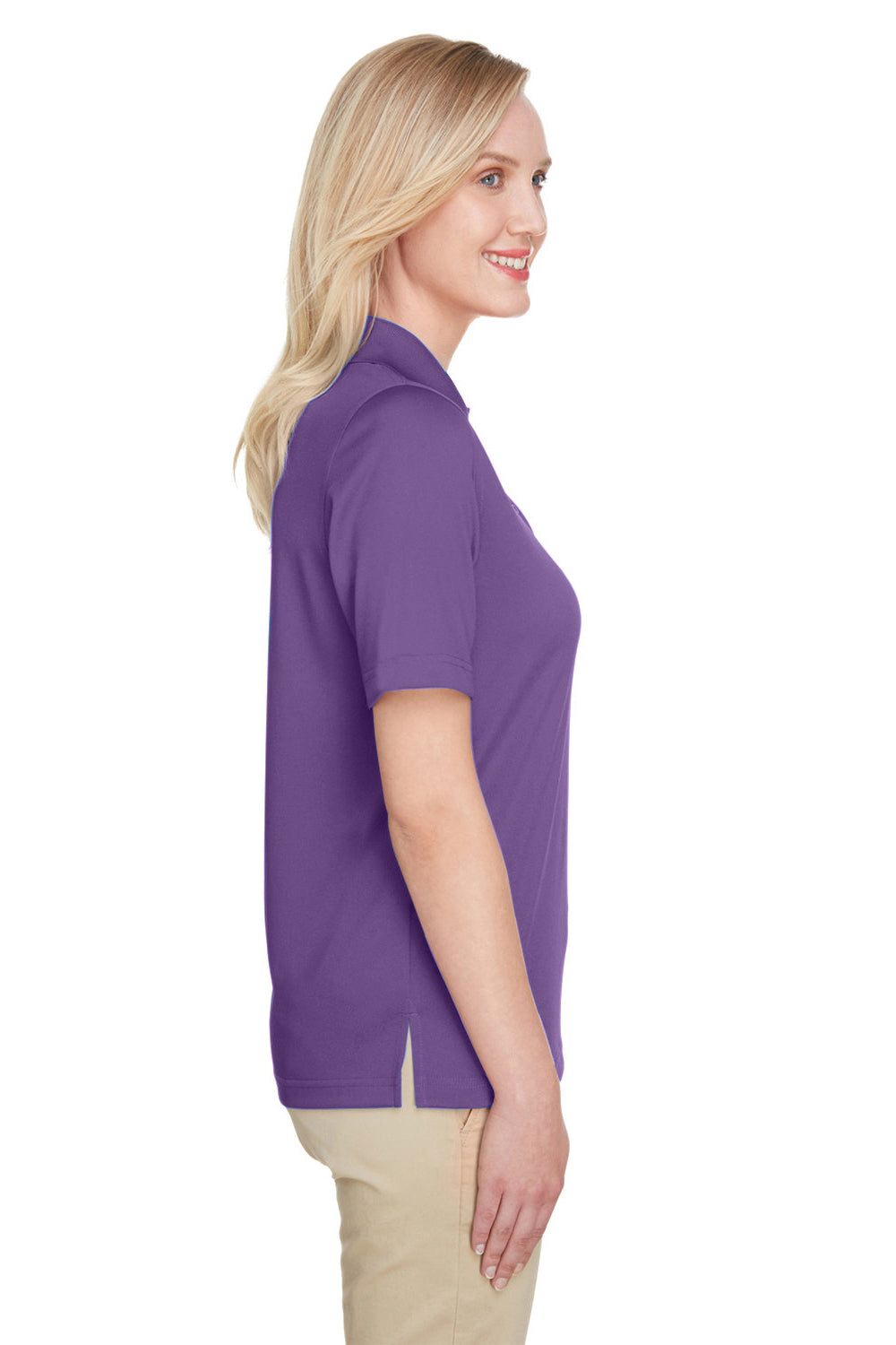 Harriton M348W Womens Advantage Performance Moisture Wicking Short Sleeve Polo Shirt Team Purple Model Side