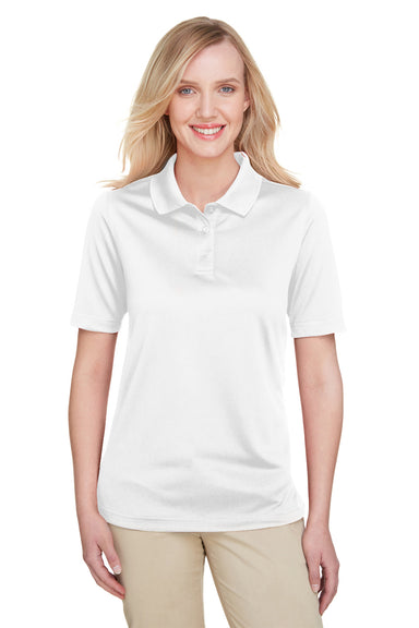 Harriton M348W Womens Advantage Performance Moisture Wicking Short Sleeve Polo Shirt White Model Front