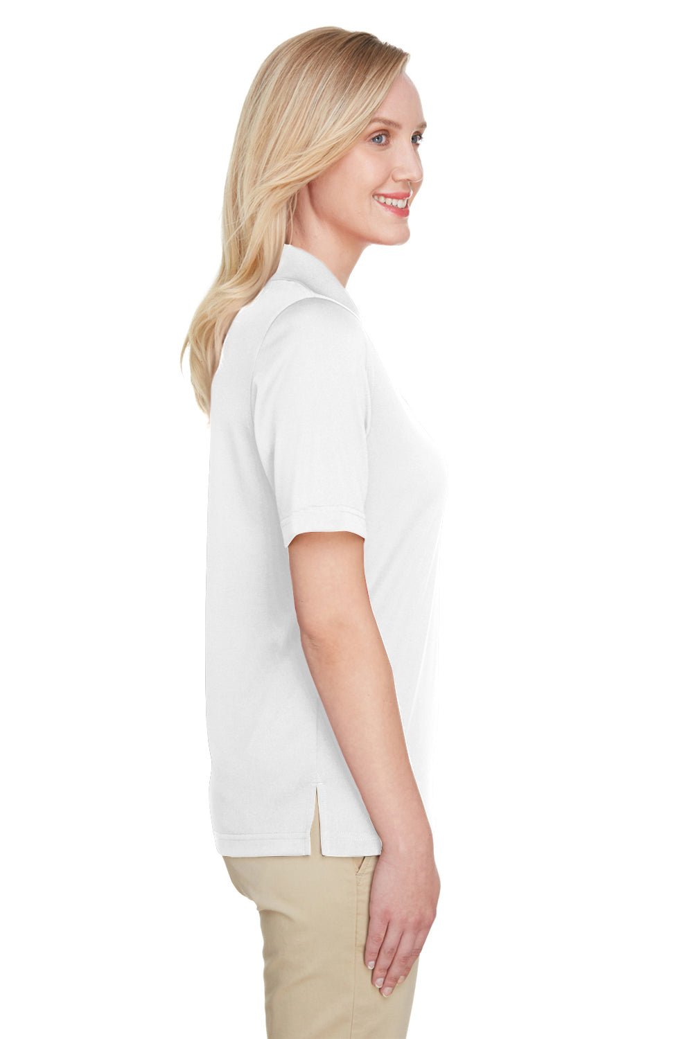 Harriton M348W Womens Advantage Performance Moisture Wicking Short Sleeve Polo Shirt White Model Side