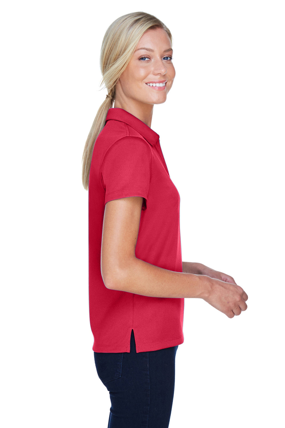 Harriton M353W Womens Double Mesh Moisture Wicking Short Sleeve Polo Shirt Red Model Side