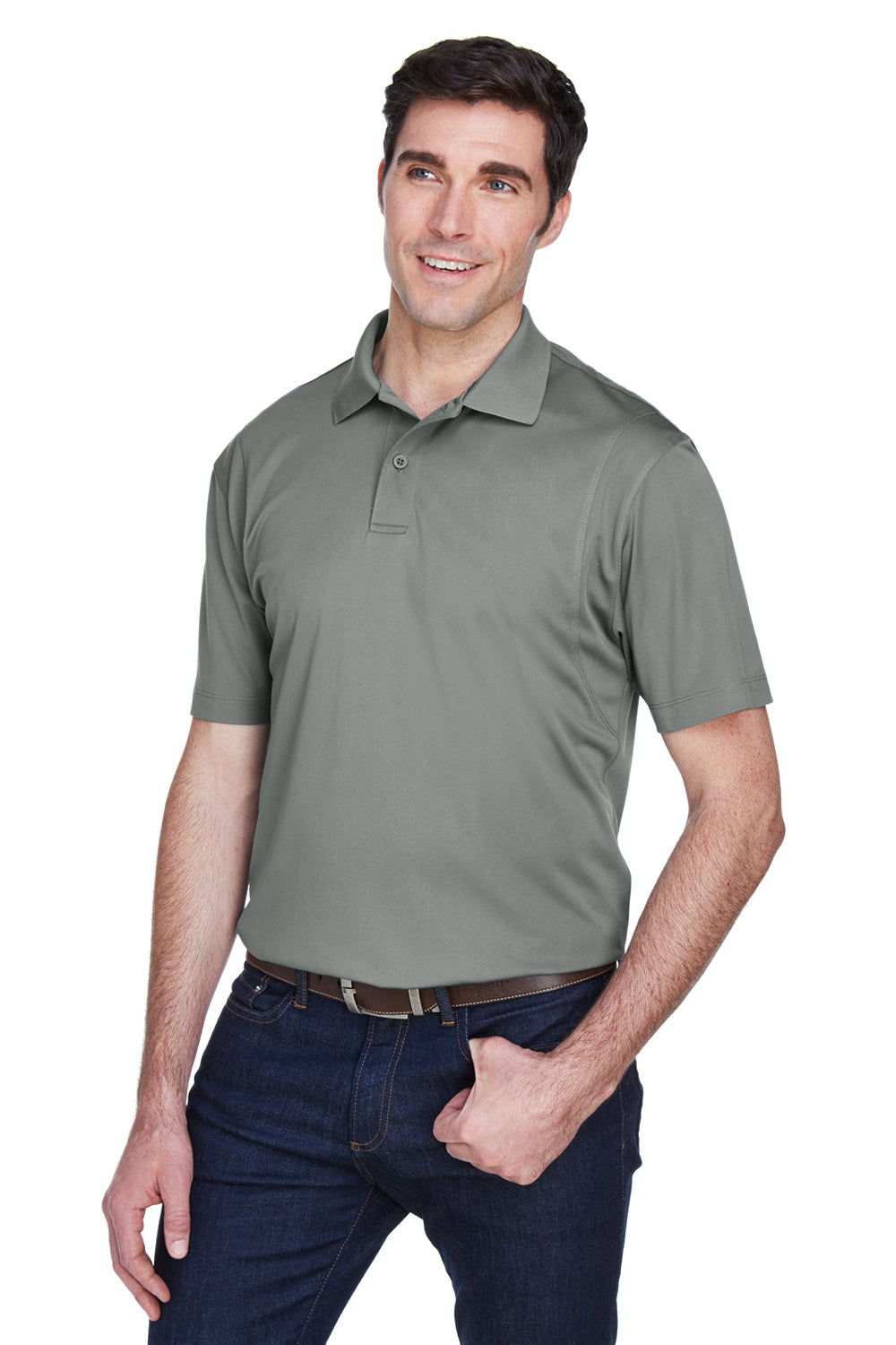 Harriton M354 Mens Moisture Wicking Short Sleeve Polo Shirt Charcoal Grey Model 3q