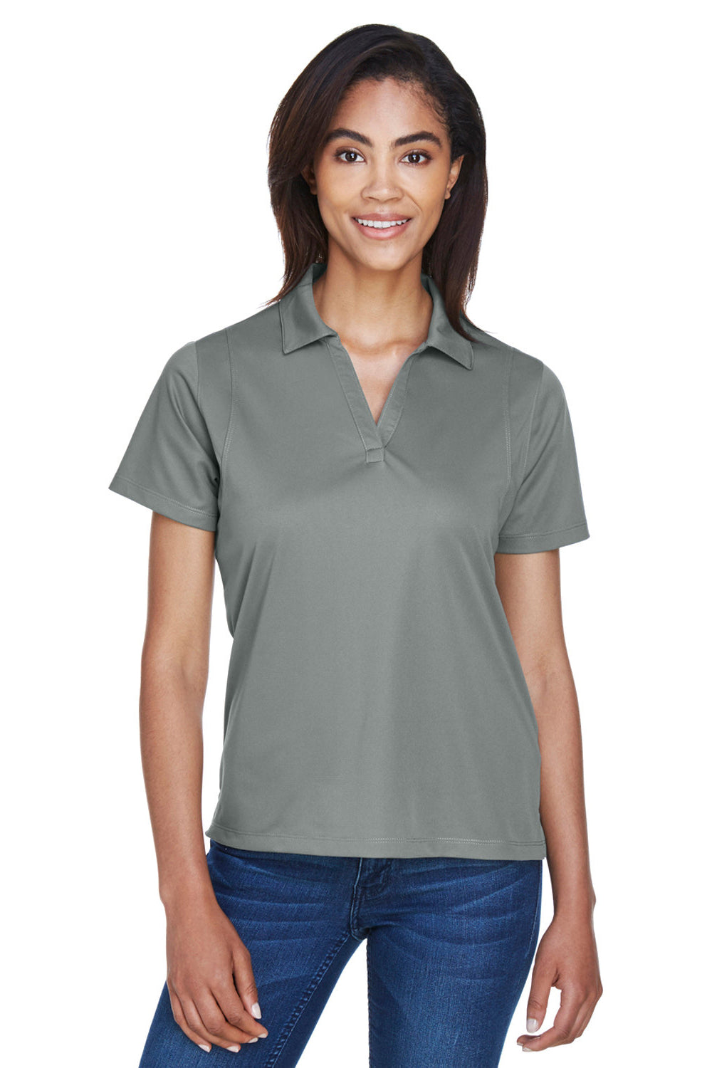 Harriton M354W Womens Moisture Wicking Short Sleeve Polo Shirt Charcoal Grey Model Front