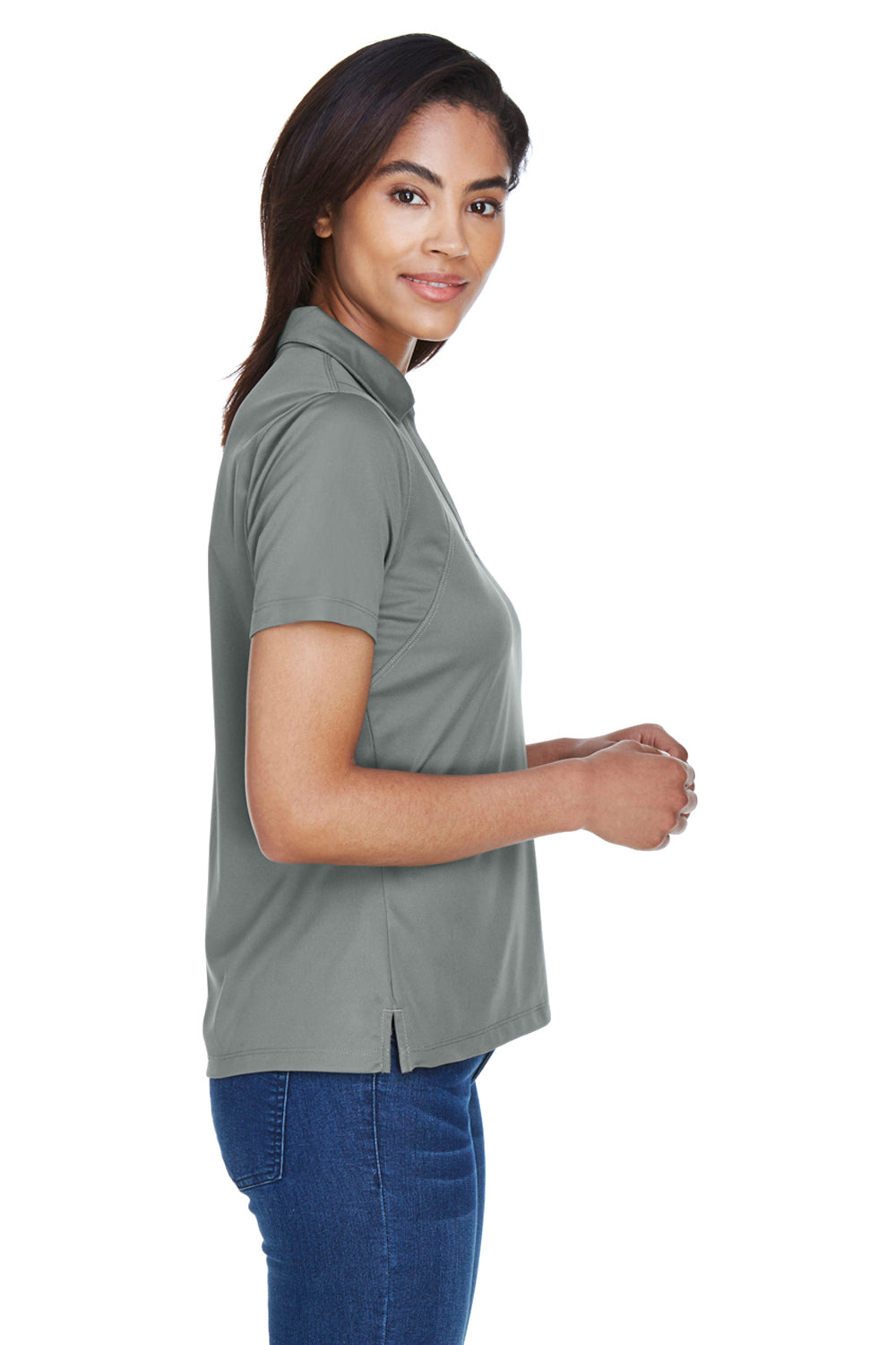 Harriton M354W Womens Moisture Wicking Short Sleeve Polo Shirt Charcoal Grey Model Side