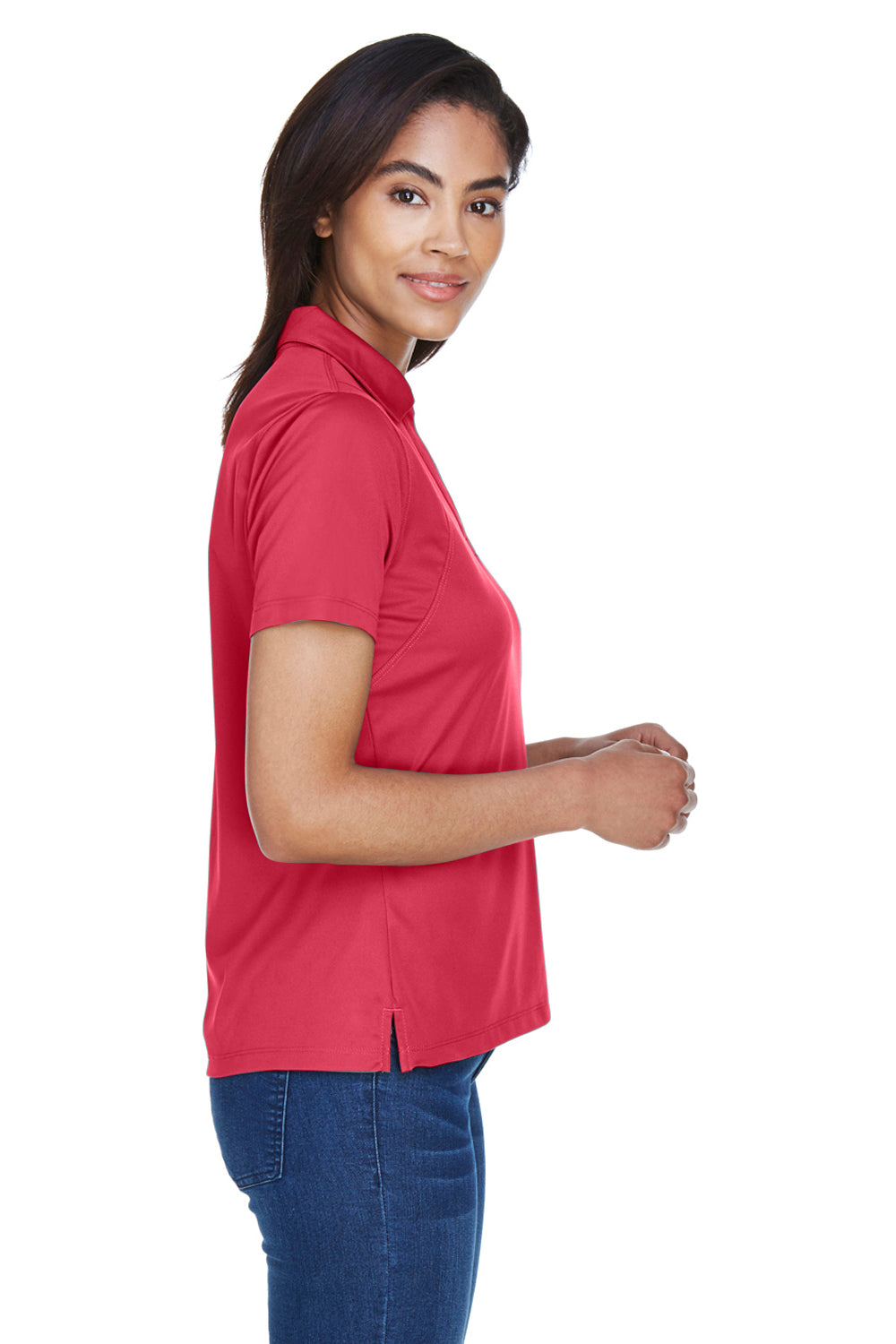 Harriton M354W Womens Moisture Wicking Short Sleeve Polo Shirt Red Model Side