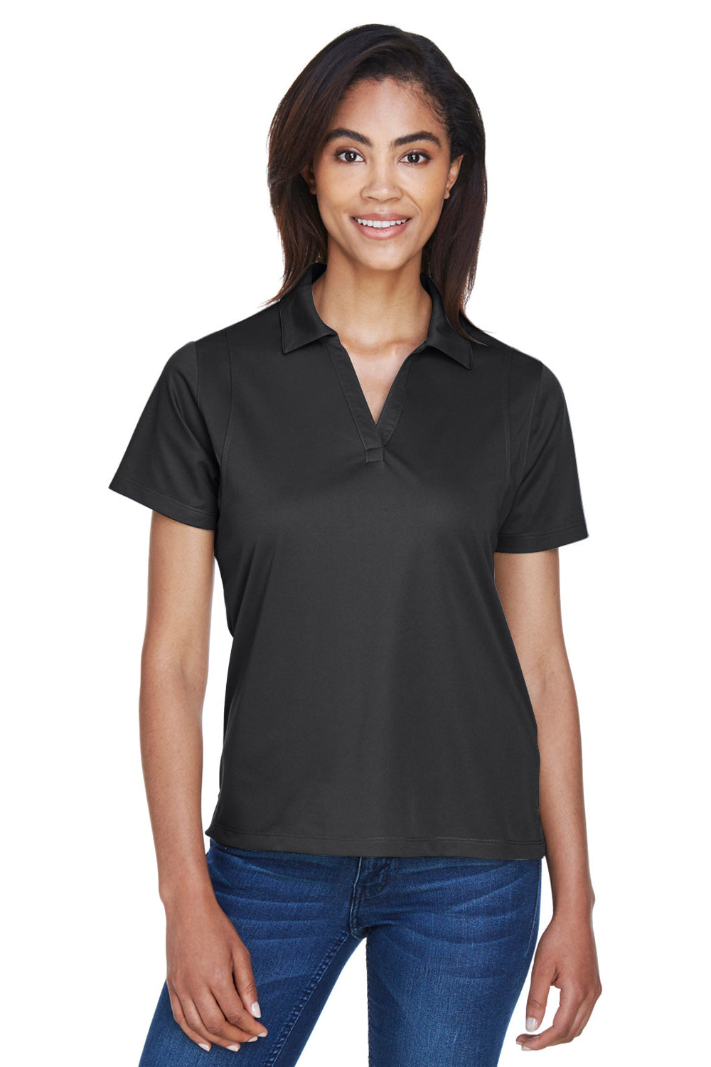 Harriton M354W Womens Moisture Wicking Short Sleeve Polo Shirt Black Model Front