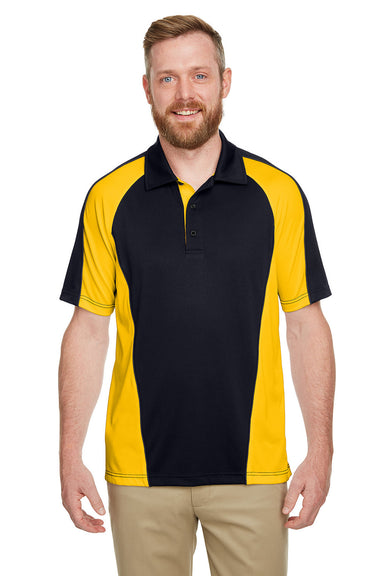 Harriton M385 Mens Advantage Performance Moisture Wicking Colorblock Short Sleeve Polo Shirt Black/Sunray Yellow Model Front