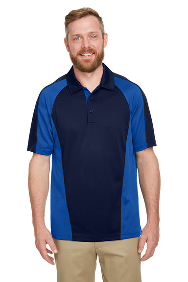 Harriton M385 Mens Advantage Performance Moisture Wicking Colorblock Short Sleeve Polo Shirt Dark Navy Blue/Royal Blue Model Front