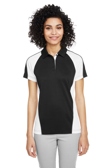 Harriton M385W Womens Advantage Performance Moisture Wicking Colorblock Short Sleeve Polo Shirt Black/White Model Front