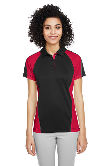 Harriton M385W Womens Advantage Performance Moisture Wicking Colorblock Short Sleeve Polo Shirt Black/Red Model Front