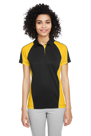 Harriton M385W Womens Advantage Performance Moisture Wicking Colorblock Short Sleeve Polo Shirt Black/Sunray Yellow Model Front