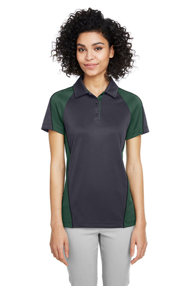 Harriton M385W Womens Advantage Performance Moisture Wicking Colorblock Short Sleeve Polo Shirt Dark Charcoal Grey/Dark Green Model Front