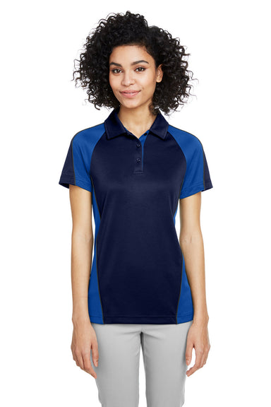 Harriton M385W Womens Advantage Performance Moisture Wicking Colorblock Short Sleeve Polo Shirt Dark Navy Blue/Royal Blue Model Front