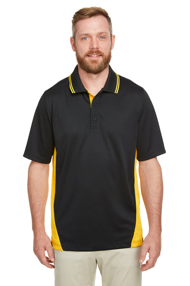 Harriton M386/M386T Mens Flash Performance Moisture Wicking Colorblock Short Sleeve Polo Shirt Black/Sunray Yellow Model Front