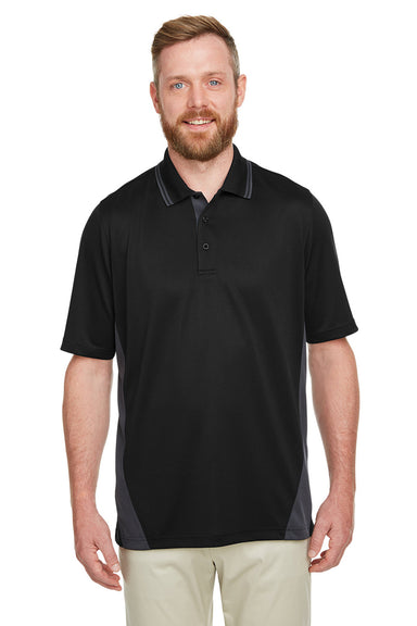 Harriton M386/M386T Mens Flash Performance Moisture Wicking Colorblock Short Sleeve Polo Shirt Black/Dark Charcoal Grey Model Front