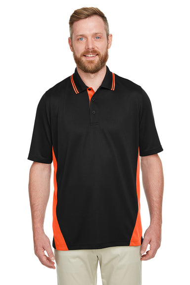 Harriton M386/M386T Mens Flash Performance Moisture Wicking Colorblock Short Sleeve Polo Shirt Black/Team Orange Model Front