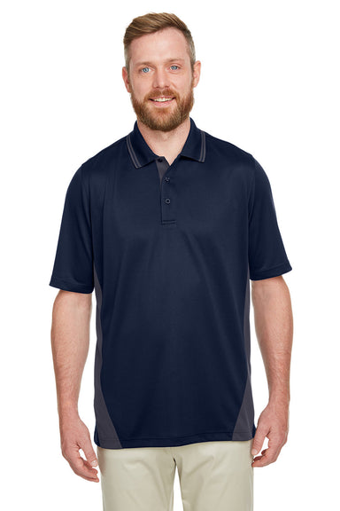 Harriton M386/M386T Mens Flash Performance Moisture Wicking Colorblock Short Sleeve Polo Shirt Dark Navy Blue/Dark Charcoal Grey Model Front