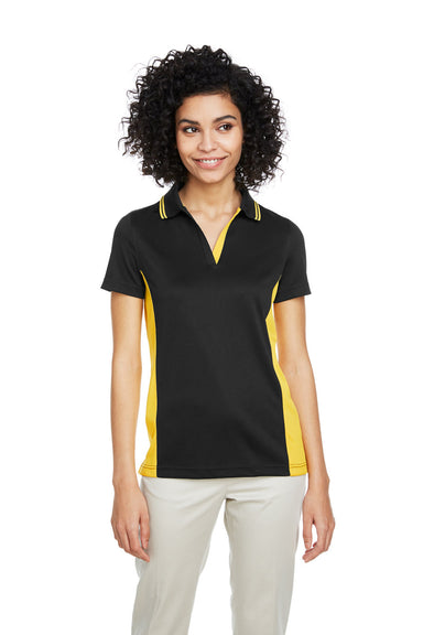 Harriton M386W Womens Flash Performance Moisture Wicking Colorblock Short Sleeve Polo Shirt Black/Sunray Yellow Model Front