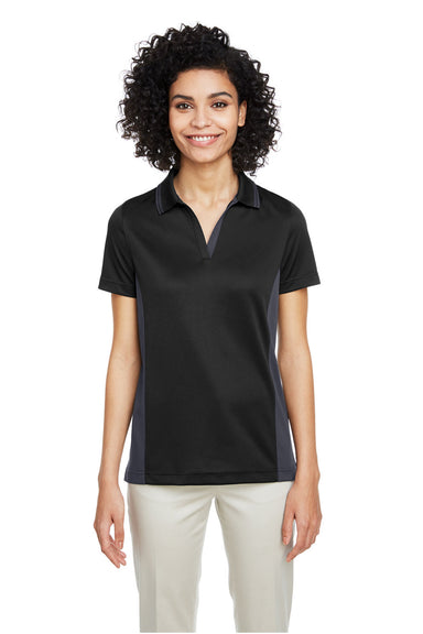 Harriton M386W Womens Flash Performance Moisture Wicking Colorblock Short Sleeve Polo Shirt Black/Dark Charcoal Grey Model Front