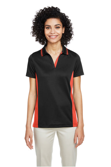 Harriton M386W Womens Flash Performance Moisture Wicking Colorblock Short Sleeve Polo Shirt Black/Team Orange Model Front