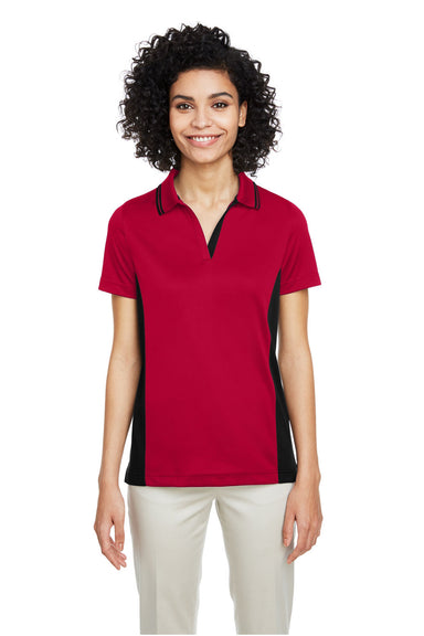 Harriton M386W Womens Flash Performance Moisture Wicking Colorblock Short Sleeve Polo Shirt Red/Black Model Front